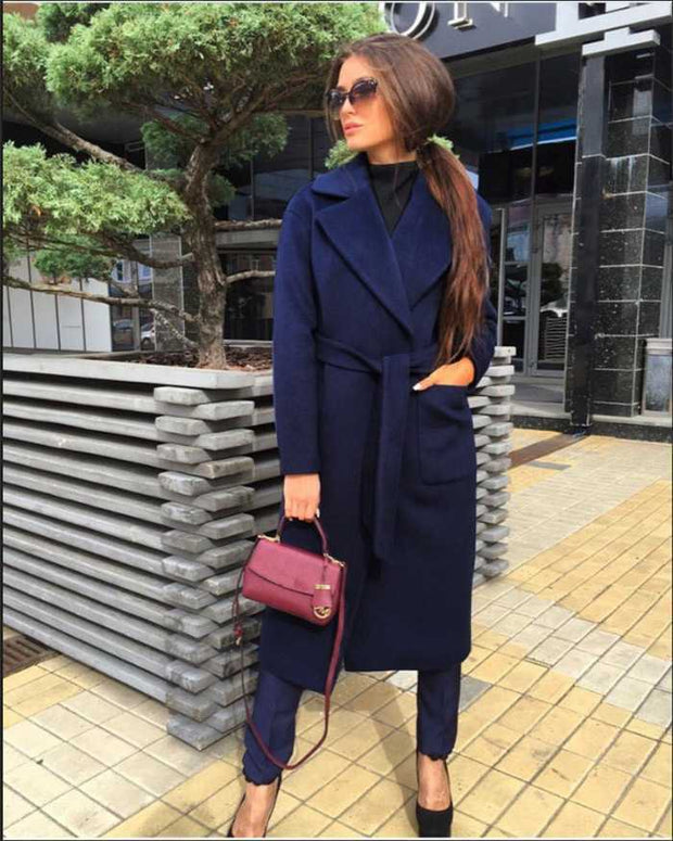 Serena - Manteau en laine pour femme avec revers et ceinture à nouer