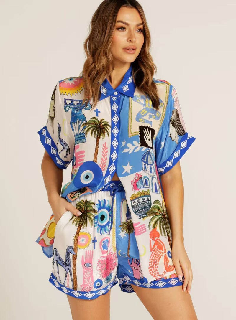 Bedrucktes Damenset mit Shirt und verstellbaren Shorts - Arvella