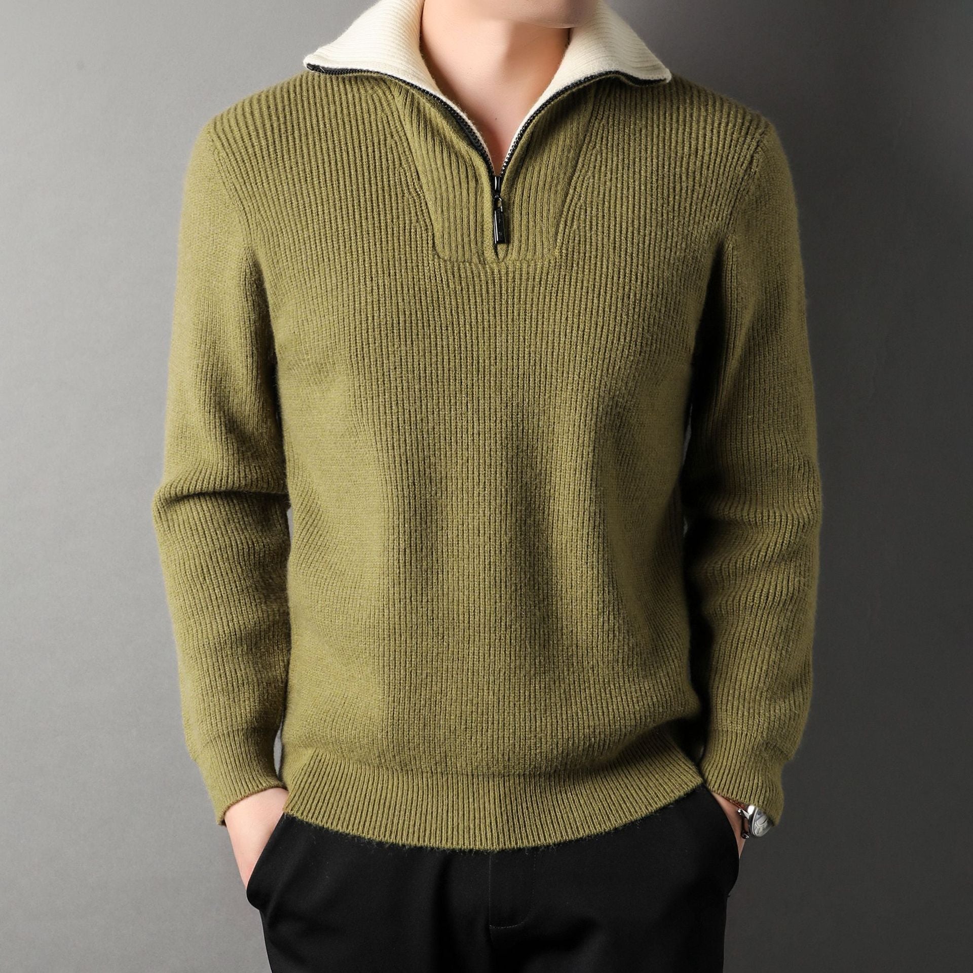 Herren-Rippstrickpullover mit halbem Reißverschlusskragen - Elion