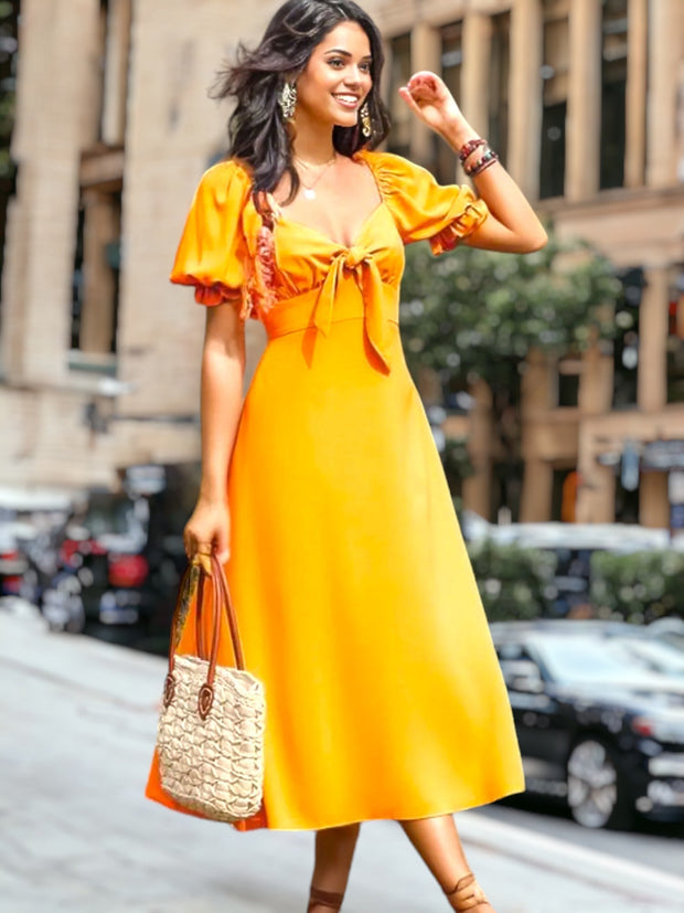 Selene - Robe midi à manches bouffantes