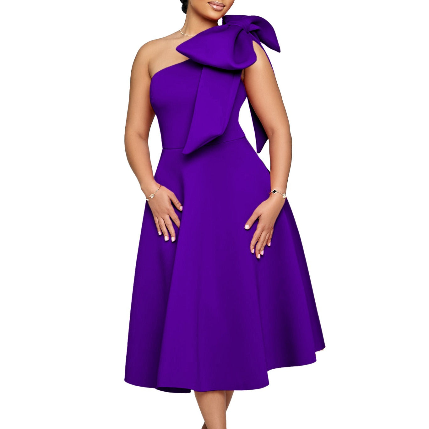 Damen Midikleid mit eleganter Schleife an einer Schulter - Mireya