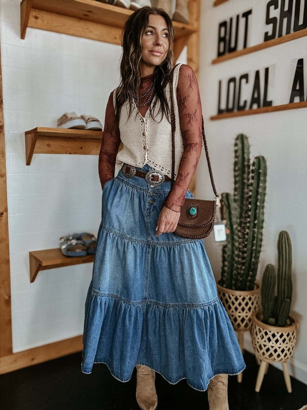 Langer Jeansrock mit Rüschen im Bohème-Stil für Frauen - Alaya