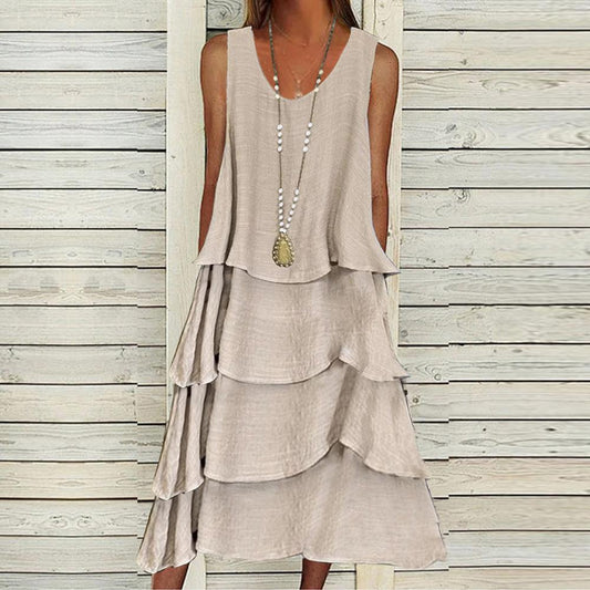 Efril - Robe midi unie sans manches abricot