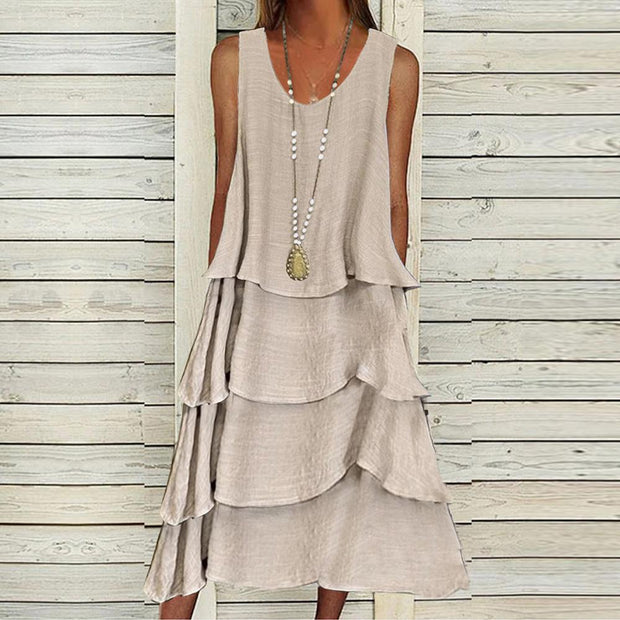 Efril - Robe midi unie sans manches abricot