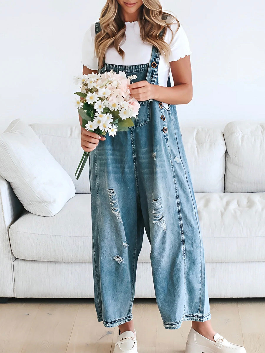 Damen Jeans-Latzhose Used-Look Oversize - Jenna