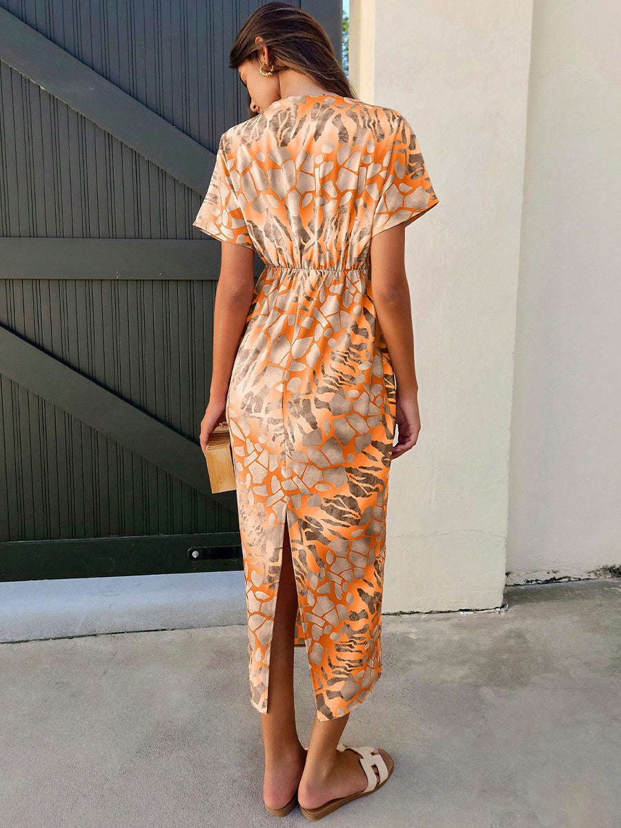 Damen Midikleid abstrakter Druck V-Ausschnitt - Renata