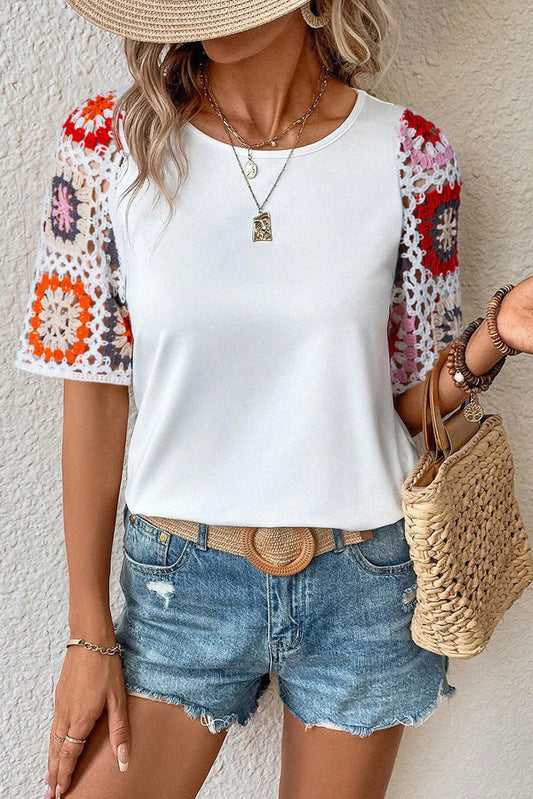 Hanna - Top en crochet à manches courtes avec impression de fleurs