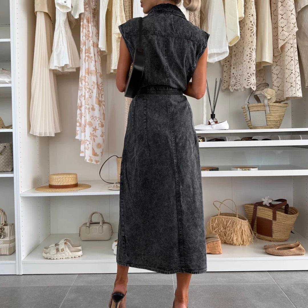 Damen Midikleid Denim ärmellos mit Knöpfen und Gürtel - Estelle