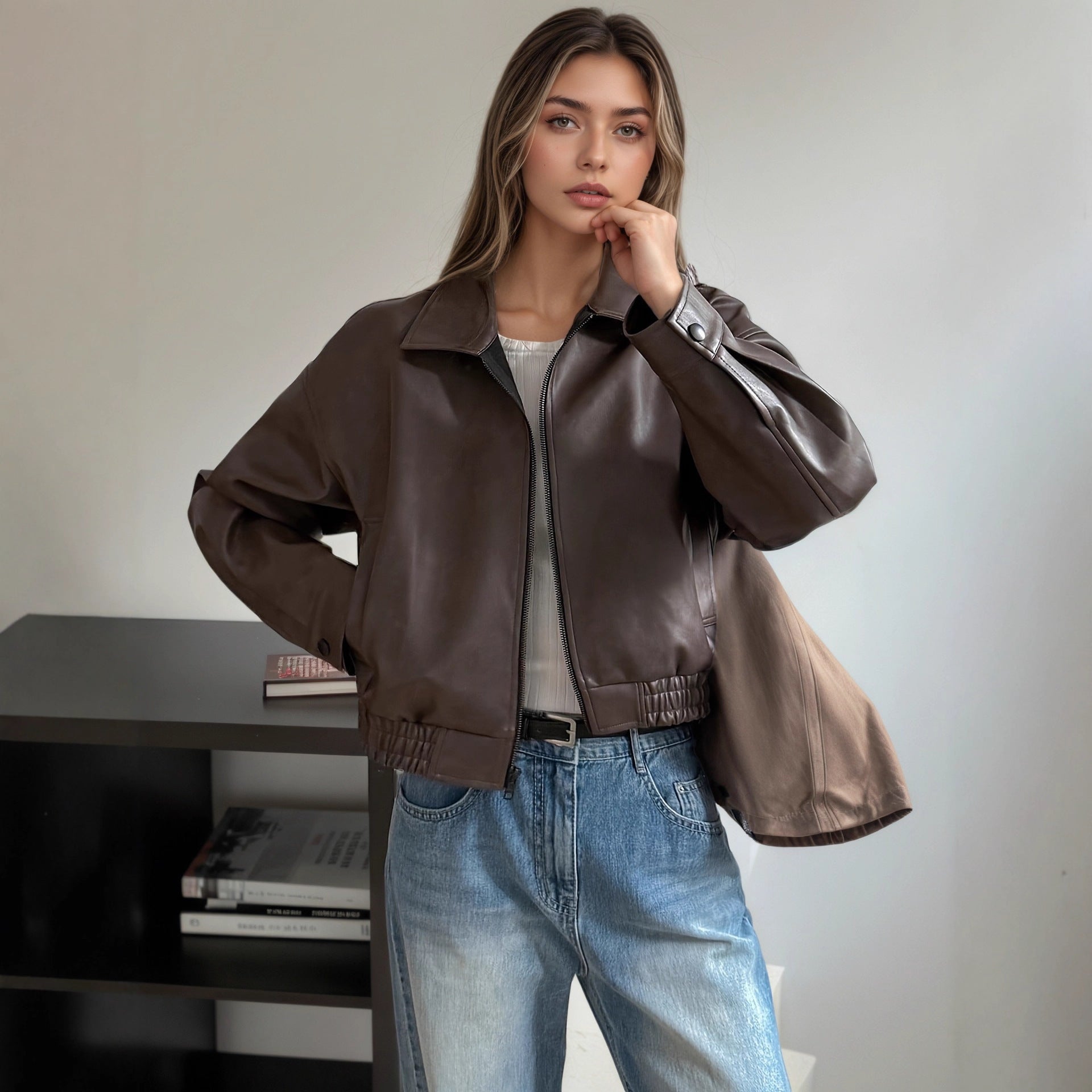 Damen Lederjacke Frontreißverschluss zeitlos elegant - Elvira