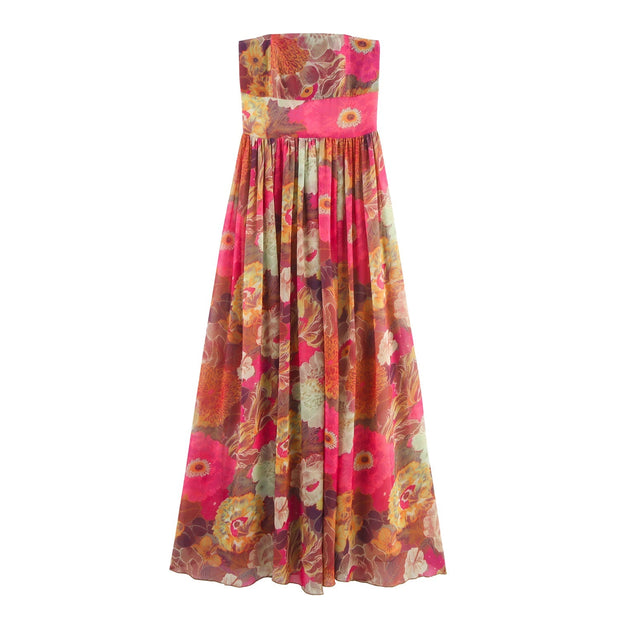 Trägerloses langes Damenkleid mit Blumendruck - Tifanny