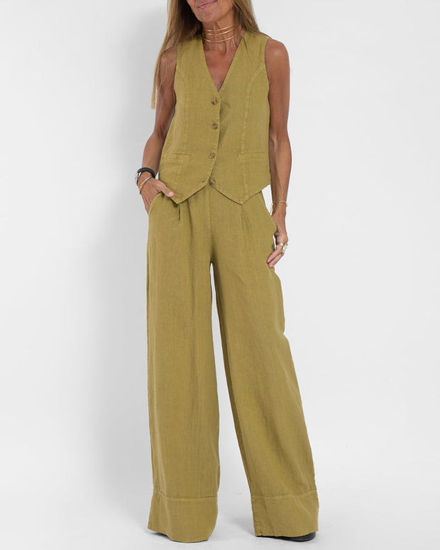 GracefulEase - Simple Elegant Linen Vest and Wide Trousers Set (Ensemble gilet et pantalon large en lin)