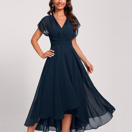 Gina - Robe midi bleue à manches courtes et taille lacée