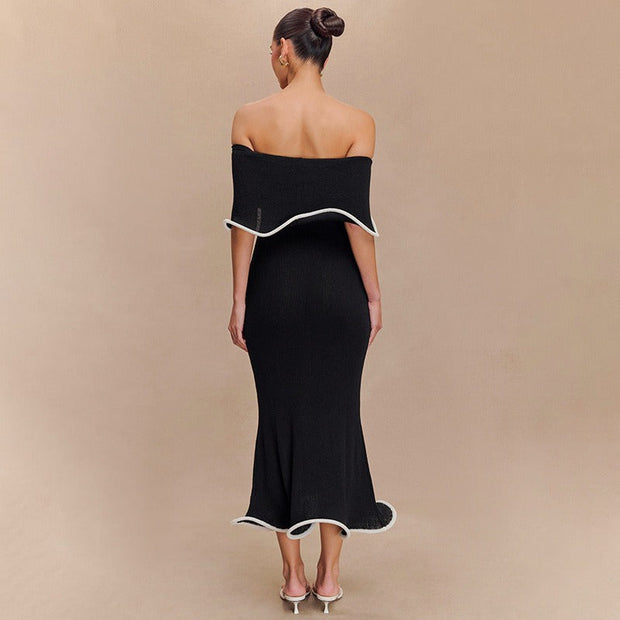 Robe longue pour femme avec encolure bardot et volants de style sirène - Camila