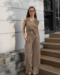 Ensemble sans manches femme - Top structuré + pantalon fluide marron - Siena