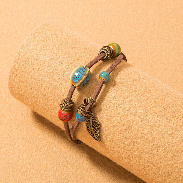 Bracelet femme bohème en cuir fait main avec perles en céramique - Lantana