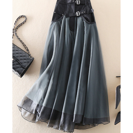 Jupe midi femme taille haute avec superposition - avec ceinture