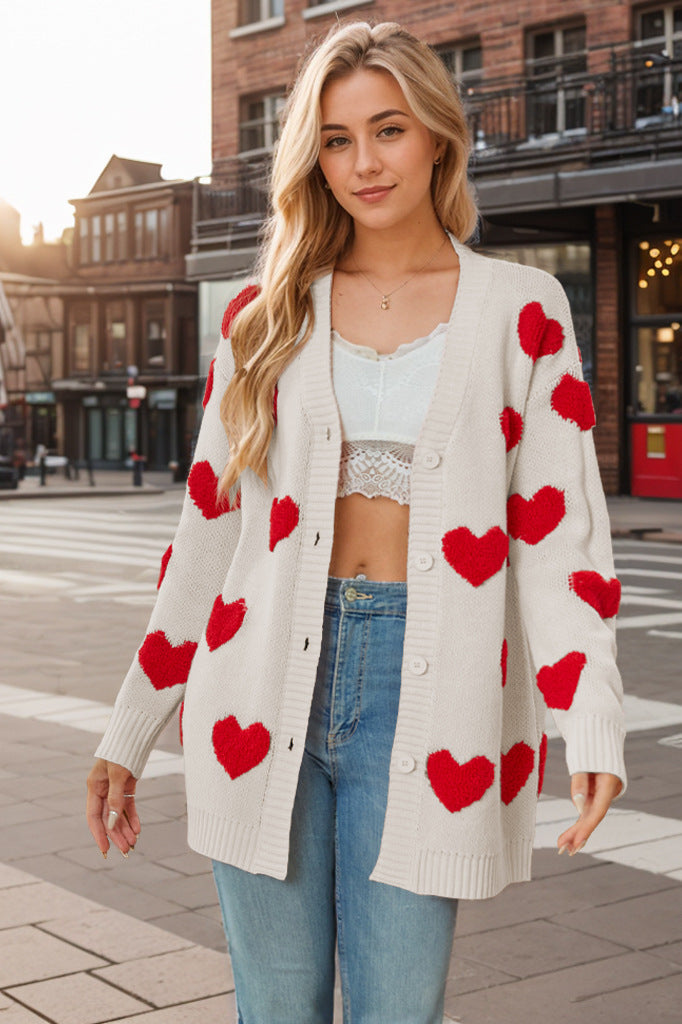 Damen Strickjacke Herzmotiv Knopfleiste locker - Ailith