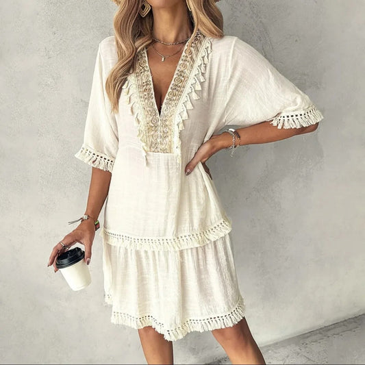 Robe femme bohème brodée de pompons ivoire blanc - Isadora