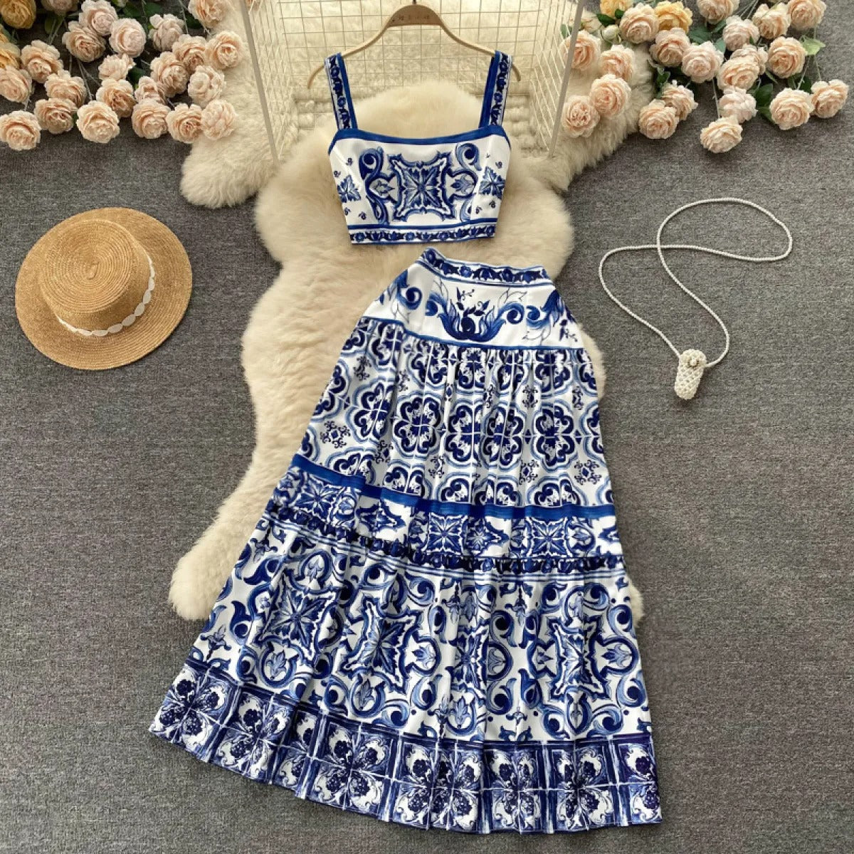 Zweiteiliges Damenset mit sommerlichem Barockdruck aus Satin - Eleonora