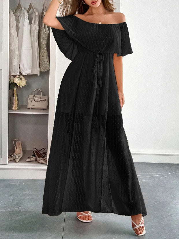 Robe longue femme plumeti mousseline de soie encolure bardot - Julieta