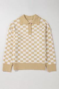 Aude - Karierter V-Ausschnitt Pullover mit Knöpfen und hängenden Schultern