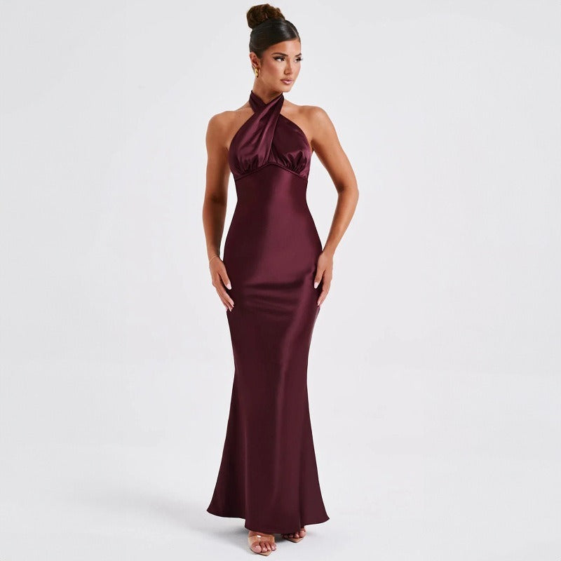 Langes Satin-Crossover-Kleid mit Neckholder-Ausschnitt - Elvira