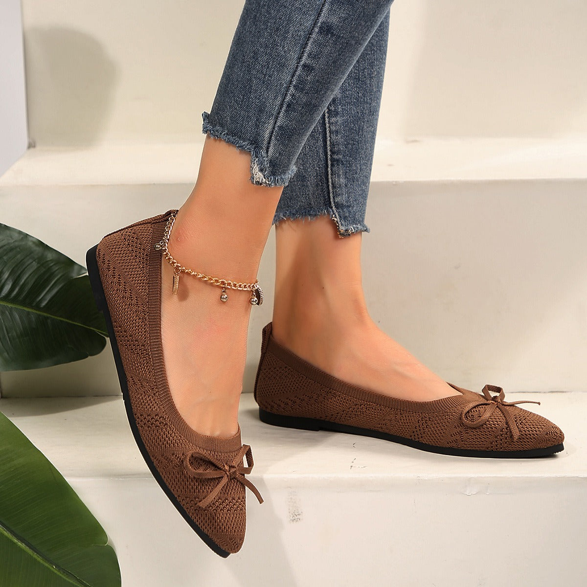 Damen-Ballerinas aus atmungsaktivem Strickgewebe mit dekorativer Schleife - Camila