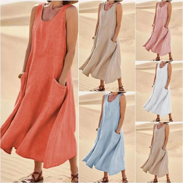 Isabel | Women's sleeveless cotton and linen dress with pocket