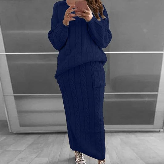 Ensemble d'hiver composé d'un pull et d'une jupe en maille, chauds et confortables, idéaux pour un look douillet et à la mode les jours de grand froid.