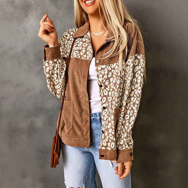 Ally - Veste en Cordeuse Femme avec Détails Léopard