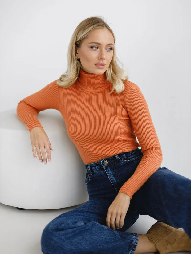 Pull femme col roulé en maille côtelée ajustée - Nélida