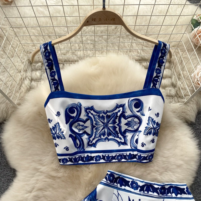Zweiteiliges Damenset mit sommerlichem Barockdruck aus Satin - Eleonora