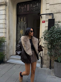 Veste femme effet cuir à large col effet fourrure - Nymera