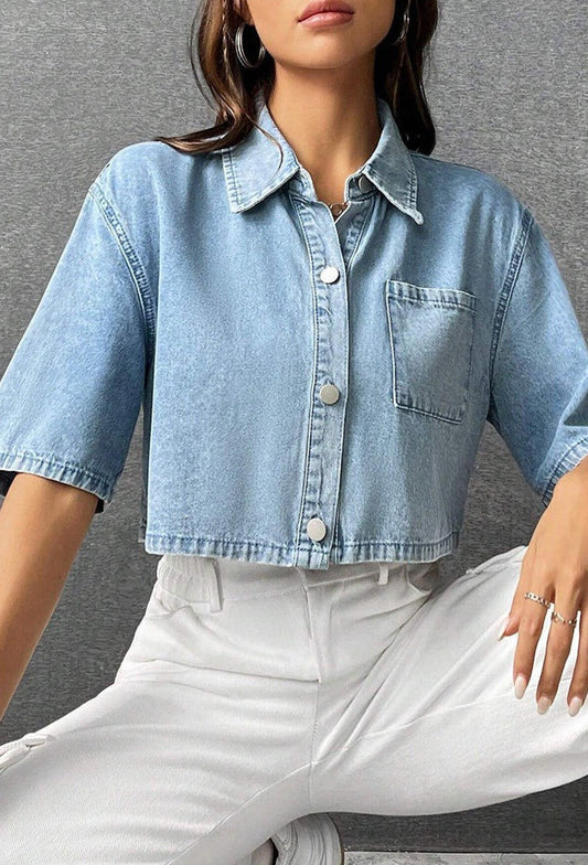 Chemise courte décontractée en denim pour femmes avec poche avant - Emilia