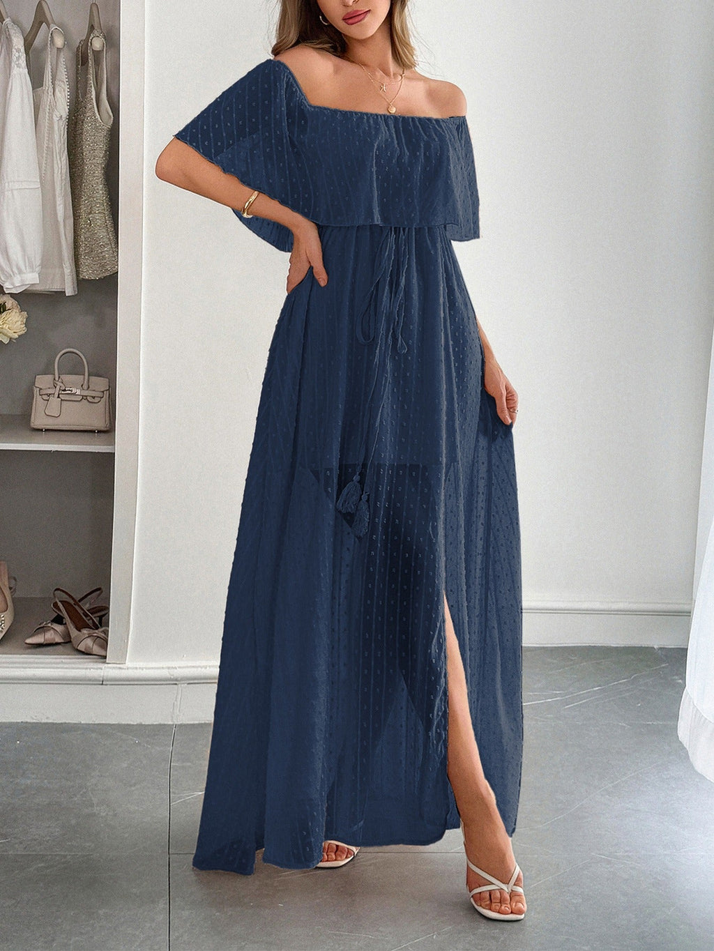 Langes Damen Kleid Plumeti Chiffon Bardot Ausschnitt - Julieta