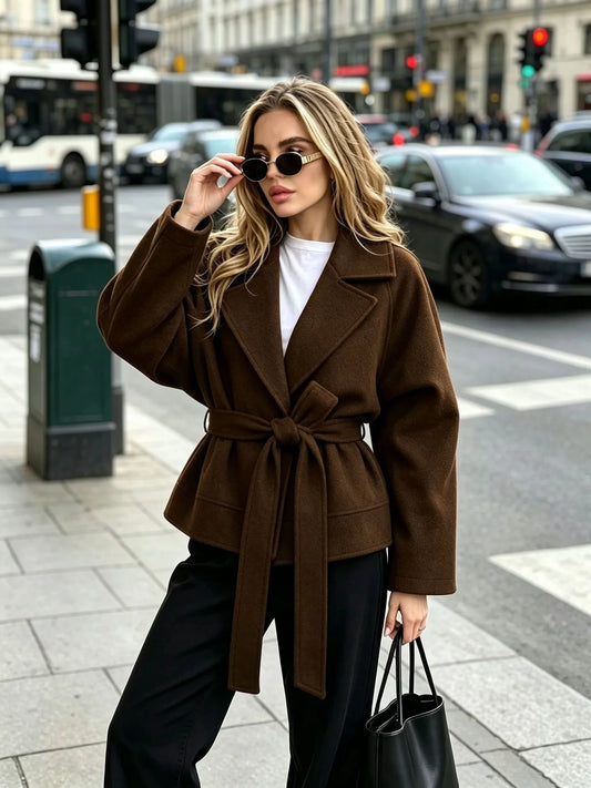 Veste courte femme effet drap ceinturée à revers - Calina