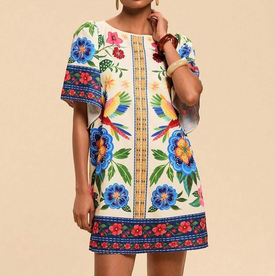 Kurzes Kleid im Ethno-Stil mit Blumendruck - Nayeli