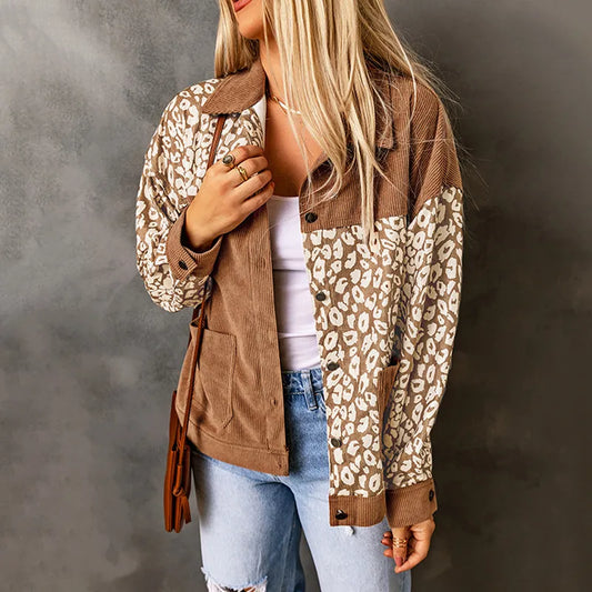 Ally - Veste en Cordeuse Femme avec Détails Léopard