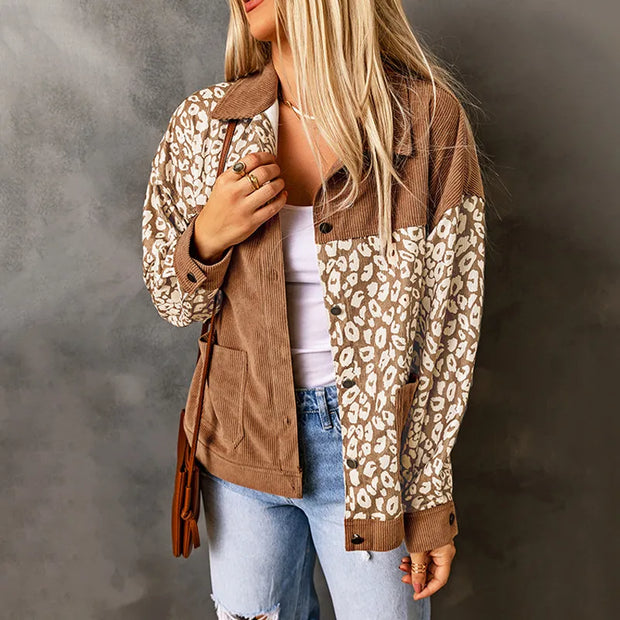 Ally - Veste en Cordeuse Femme avec Détails Léopard