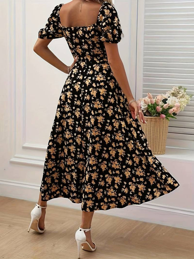 Katara - floral puff sleeves with slit dress