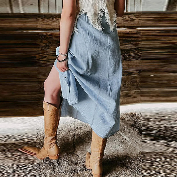 Jupe longue pour femme avec boutons en denim bleu sur le devant - Mairena