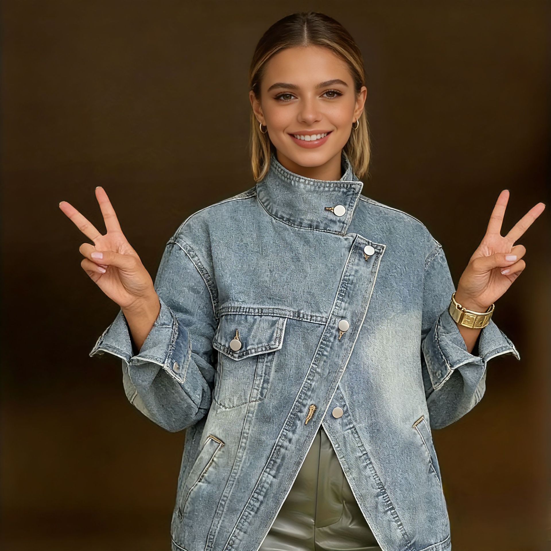 Damen-Jeansjacke in Übergröße mit hohem Kragen - Kaia