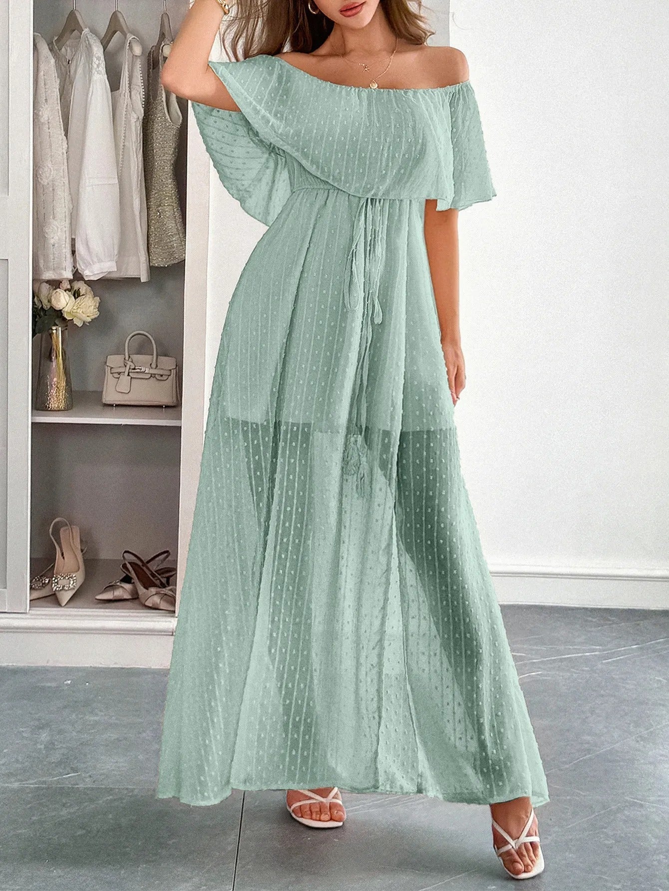 Langes Damen Kleid Plumeti Chiffon Bardot Ausschnitt - Julieta