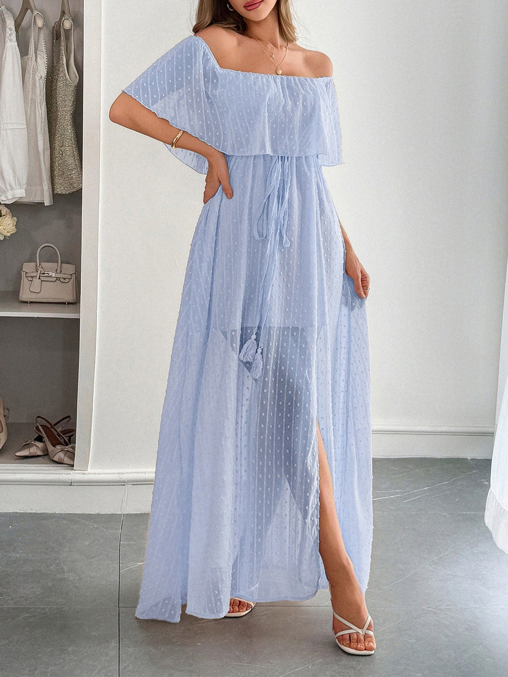 Langes Damen Kleid Plumeti Chiffon Bardot Ausschnitt - Julieta