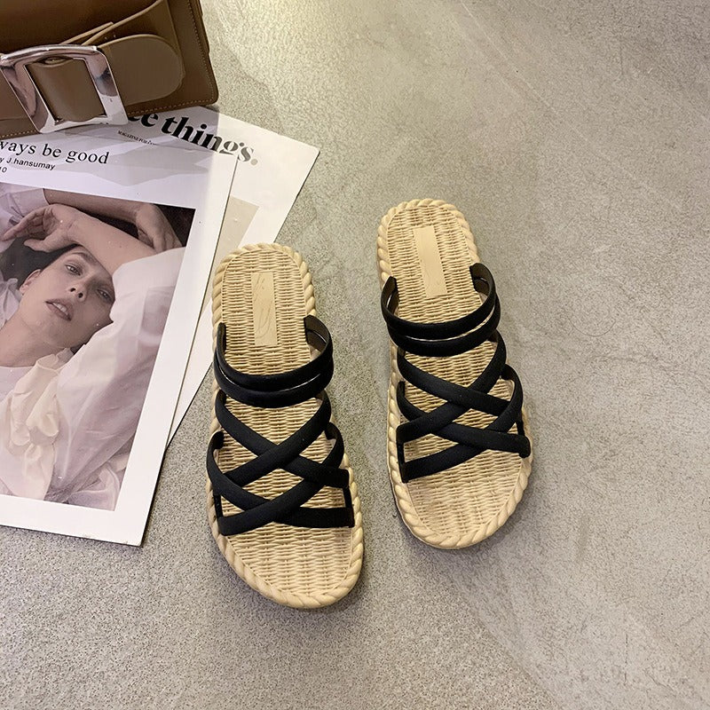 Flache Damen Sandalen mit gekreuzten Riemen Römischer Stil gelb - Soléa