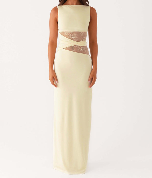 Robe longue ajustée avec détails en dentelle et drapé sur les côtés pour femmes - Elara