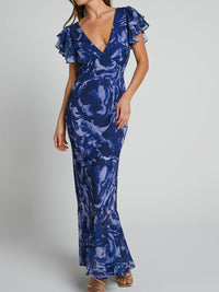 Sarah - Robe longue en mousseline de soie imprimée avec décolleté en V
