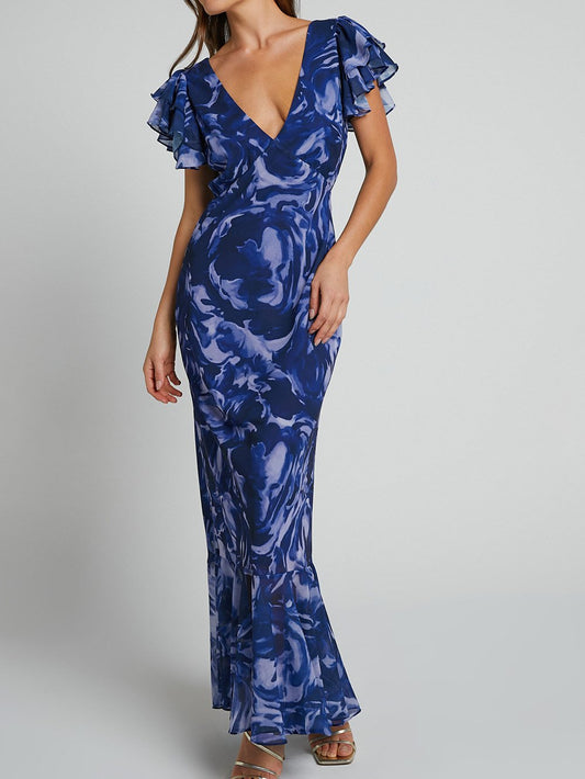 Sarah - Robe longue en mousseline de soie imprimée avec décolleté en V