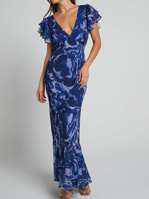 Sarah - Robe longue en mousseline de soie imprimée avec décolleté en V