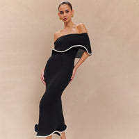 Robe longue pour femme avec encolure bardot et volants de style sirène - Camila
